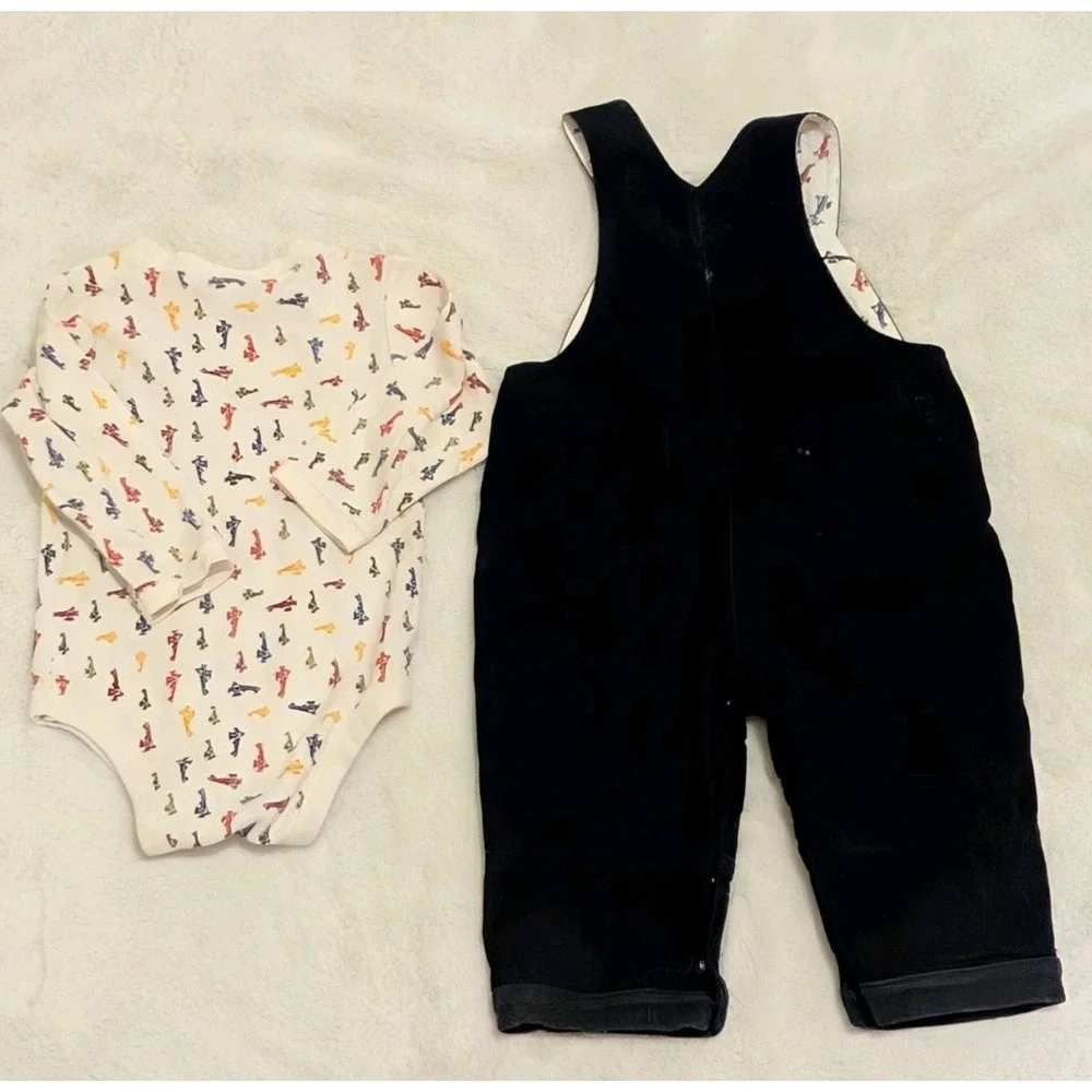 Vtg Baby GAP Y2K Soft Corduroy Navy Overalls & One Piece Airplane Shirt 12-18 mo